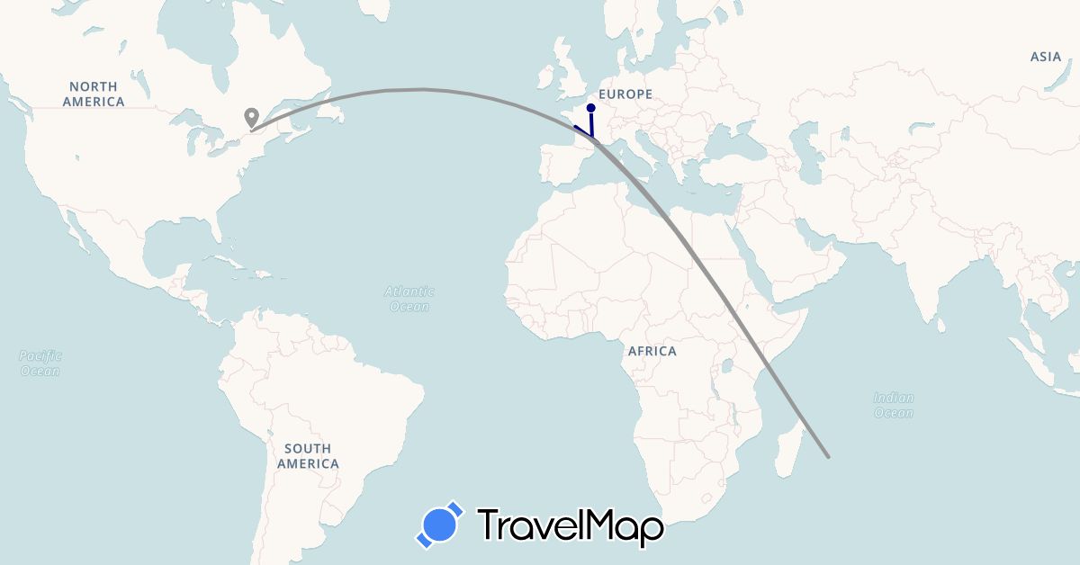 TravelMap itinerary: driving, plane in Canada, France, Réunion (Africa, Europe, North America)